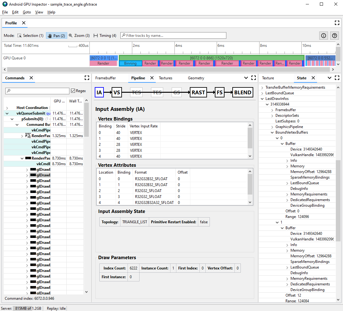 Frame-Profiling-Ansicht für die Eingabe-Assembly und den Status eines Draw-Aufrufs mit dem gebundenen Vertex-Puffer