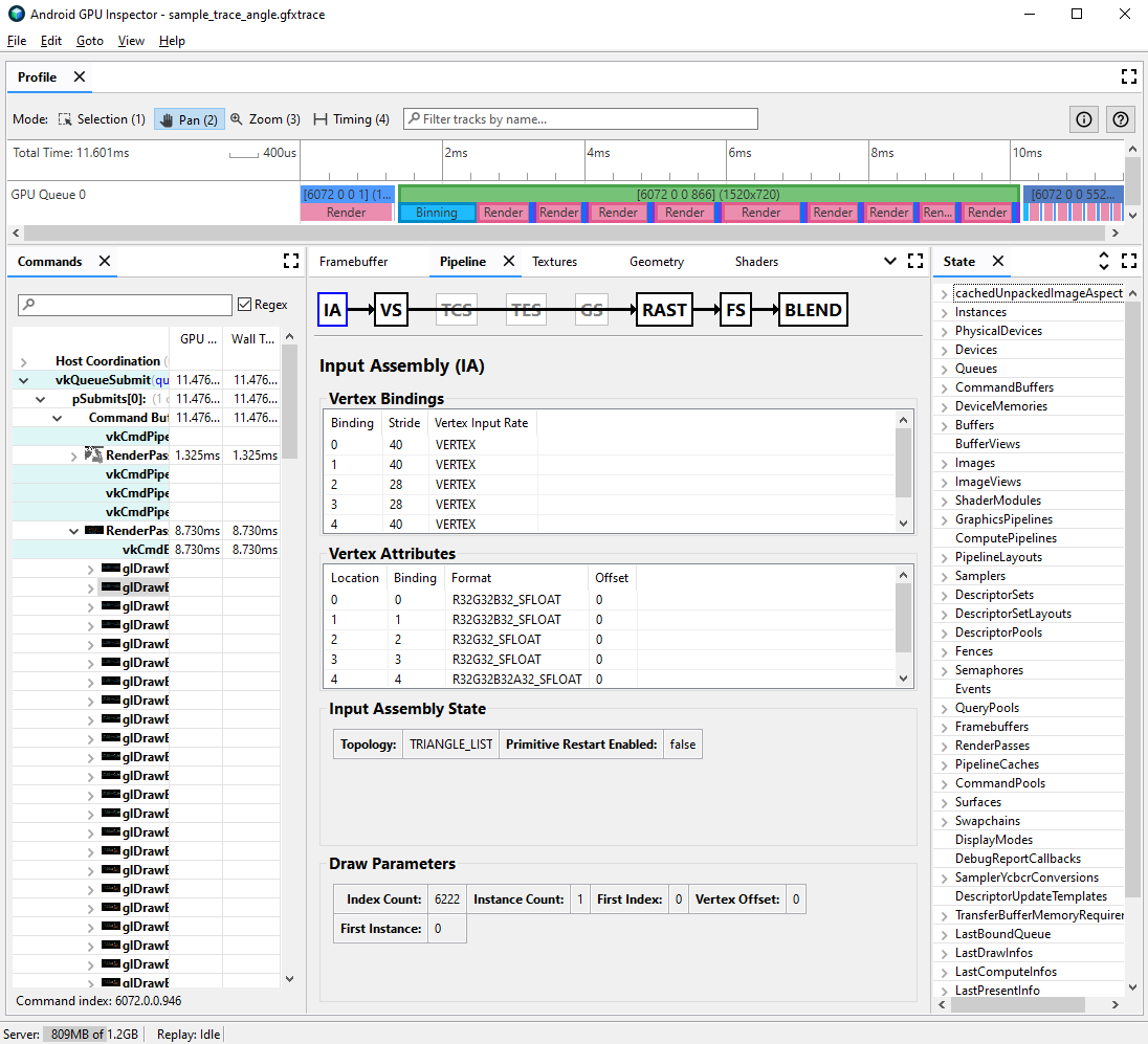 Frame profiling view for a draw call's input assembly, with
            uncompressed vertex attributes