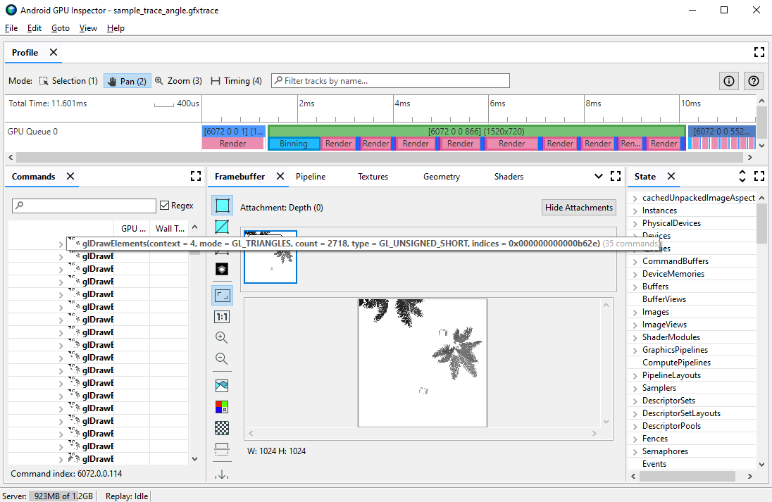 glDrawElements 호출의 프레임 프로파일링 뷰, 그리기 호출 매개변수에 관한 세부정보를 보려면 마우스 오버