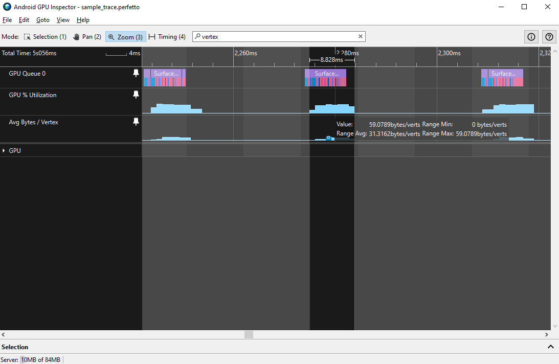 Tamaño promedio de los vértices para un solo fotograma, con un valor promedio de 31.3 bytes