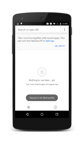 Dispositivo mobile che mostra la funzionalità di notifica dello stato di lavoro in Android for Work