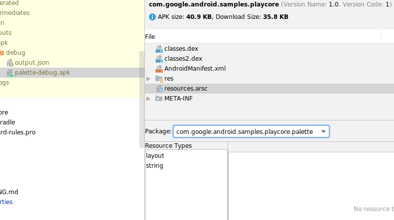 Zrzut ekranu przedstawiający Analizator plików APK sprawdzający zawartość skompilowanego pliku zasobów.