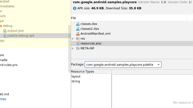 Screenshot dello Strumento di analisi APK che esamina i contenuti di un file di risorse compilato.