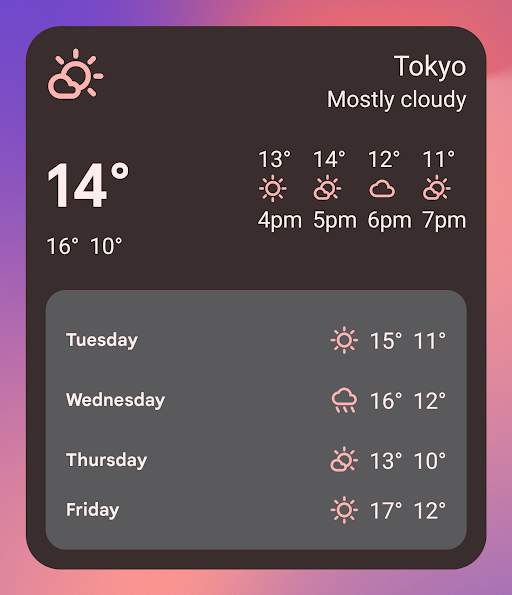 Widgets avec le thème Mode sombre