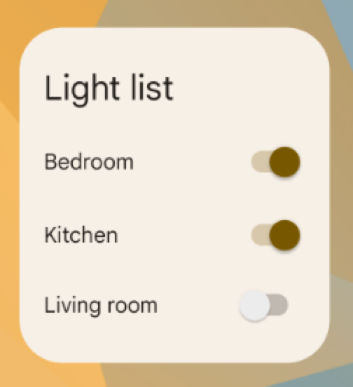 「燈具清單」應用程式的小工具，顯示標示為「臥室」、「廚房」和「客廳」的切換開關，且前兩個切換按鈕為關閉狀態