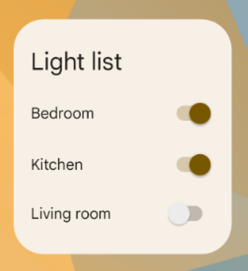 Ein Widget für eine App
namens „LED-Liste“, Ein/Aus-Schaltfläche wird angezeigt
            mit der Bezeichnung &quot;Schlafzimmer&quot;, „Küche“ und „Wohnzimmer“. mit den ersten beiden
            Ausgeschaltete Schalter