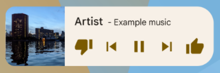 Ogólna aplikacja muzyczna z przyciskami „kciuk w dół”, „Wstecz”, „odtwórz/wstrzymaj”, do przodu i „kciuk w górę”. Wykonawca i utwór są wymienione odpowiednio jako „Wykonawca” i „Przykładowa muzyka”.
