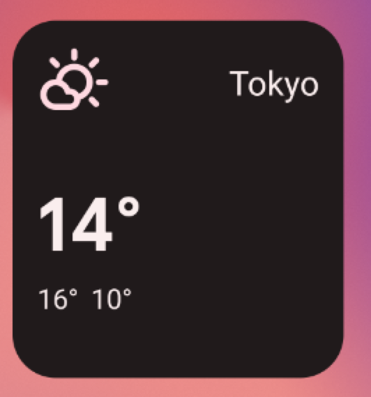 最小の 3x2 グリッドサイズの天気ウィジェットの例。UI には、場所の名前（東京）、気温（14°）、部分曇りを示すシンボルが表示されます。