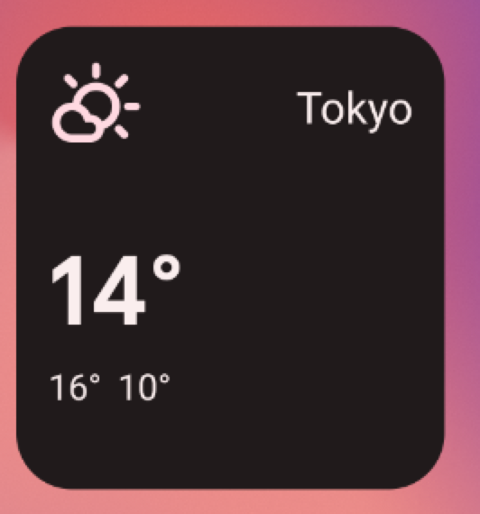 Esempio di widget meteo nelle dimensioni più piccole della griglia 3x2. L&#39;interfaccia utente mostra
            il nome della località (Tokyo), la temperatura (14°) e il simbolo che indica
            il meteo parzialmente nuvoloso.