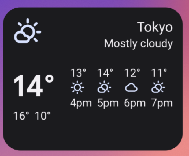 Esempio di widget meteo nelle dimensioni &quot;medie&quot; 4 x 2. Ridimensionamento del widget
            in questo modo si basa su tutta la UI
della precedente dimensione del widget,
            e aggiunge l&#39;etichetta &quot;Per lo più nuvoloso&quot; e una previsione delle temperature da
            Dalle 16:00 alle 19:00.