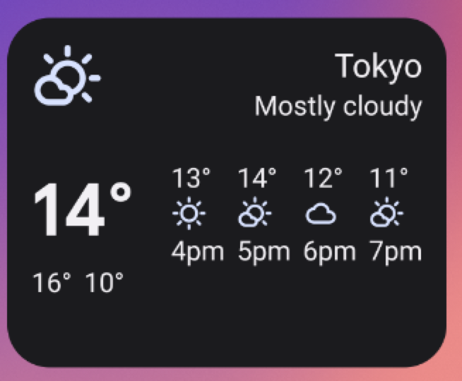 Exemple de widget météo de taille "moyenne" (4x2). Le redimensionnement du widget de cette manière s'appuie sur l'ensemble de l'UI de la taille de widget précédente et ajoute le libellé "Nuageux" et des prévisions de température de 16h à 19h.