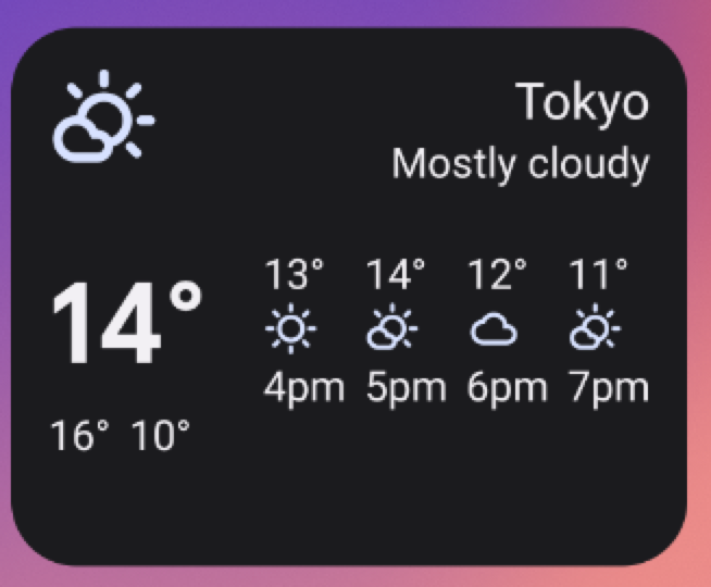 Example weather widget in a 4x2 'medium' size. Resizing the widget
            this way builds on all of the UI from the previous widget size,
            and adds the label 'Mostly cloudy' and a forecast of temperatures from
            4pm through 7pm.