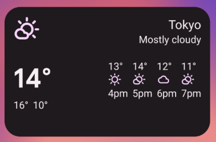 Exemplo de widget de previsão do tempo mostrando Tóquio como predominantemente nublado, 14 graus e a temperatura projetada das 16h às 19h