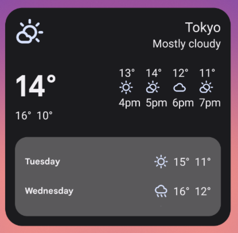 Exemple de widget météo dans un grand modèle 5x3 &quot;large&quot; la taille de l&#39;image. Redimensionner le widget de cette manière s&#39;appuie sur l&#39;ensemble de l&#39;interface utilisateur des tailles de widget précédentes et ajoute une vue dans le widget contenant les prévisions météo pour le mardi et le mercredi. Des symboles indiquant le temps ensoleillé ou pluvieux, ainsi que les températures maximale et minimale pour chaque jour.