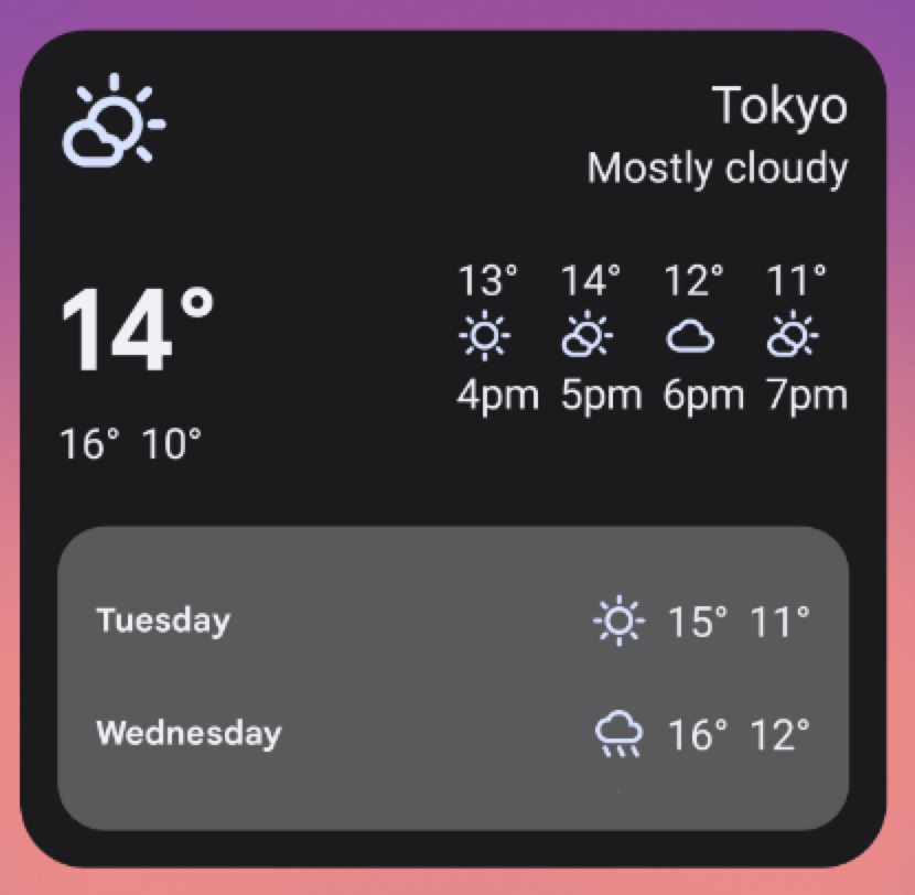 Exemplo de widget de clima em um tamanho &quot;grande&quot; de 5x3. Redimensionar o widget
            dessa forma se baseia em toda a interface dos tamanhos de widget anteriores
            e adiciona uma visualização dentro do widget com uma previsão do tempo
            para terça e quarta-feira. Símbolos que indicam clima ensolarado ou chuvoso
            e temperaturas altas e baixas para cada dia.