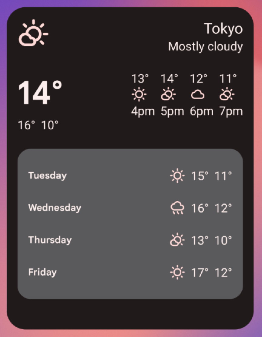 Ví dụ về tiện ích thời tiết có kích thước "lớn" 5x4. Việc đổi kích thước tiện ích theo cách này sẽ dựa trên tất cả giao diện người dùng của các kích thước tiện ích trước đó, đồng thời thêm thứ Năm và thứ Sáu (cùng các biểu tượng tương ứng cho biết loại thời tiết cũng như nhiệt độ cao và thấp cho mỗi ngày).