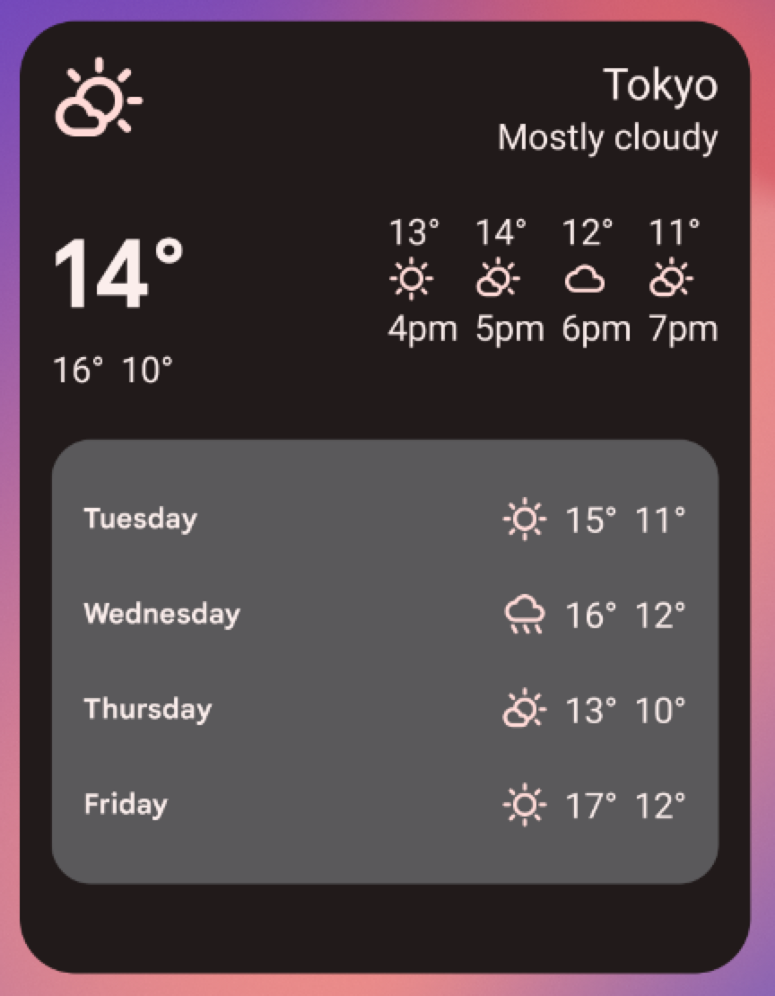 Exemple de widget météo en taille &quot;L&quot; 5 x 4. Le redimensionnement du widget de cette manière s&#39;appuie sur toutes les interfaces utilisateur des tailles de widget précédentes, et ajoute les jeudis et vendredis (et leurs symboles correspondants indiquant le type de météo, ainsi que les températures maximale et minimale pour chaque jour).