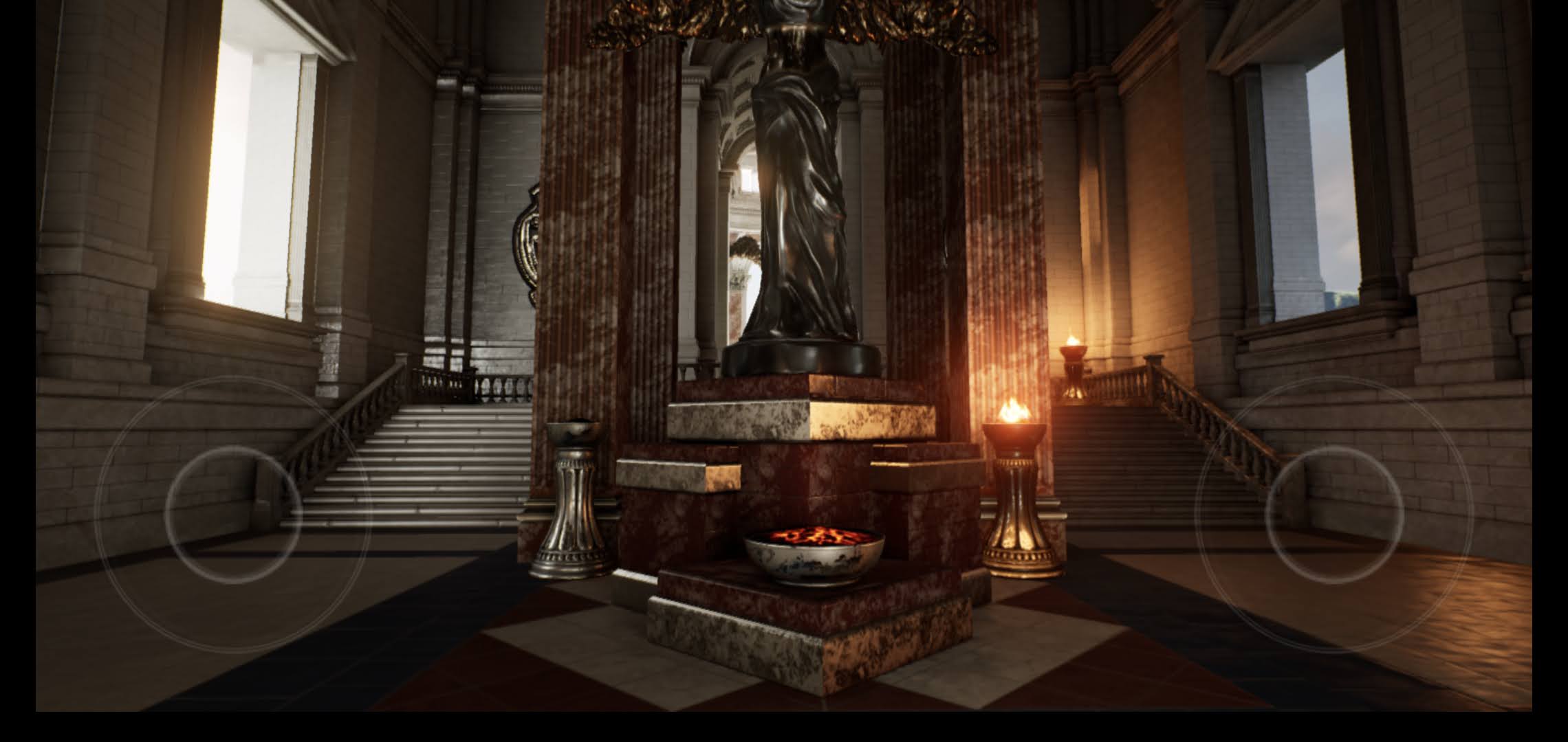 Capture d'écran de l'exemple Suntemple d'Unreal Engine exécuté sur un Pixel 4