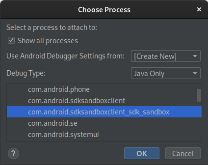 The SDK app process appears in a list view near the bottom of the dialog (Quy trình ứng dụng SDK xuất hiện trong chế độ xem danh sách gần cuối hộp thoại)