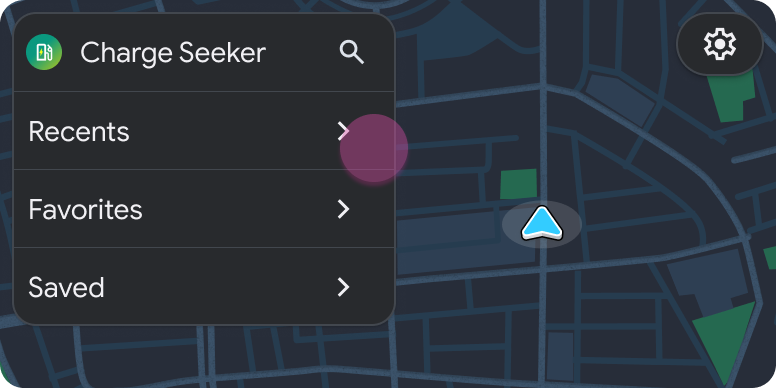 Mẫu danh sách có trong mẫu Bản đồ + Nội dung, chứa các danh sách phụ Gần đây, Mục yêu thích và Đã lưu