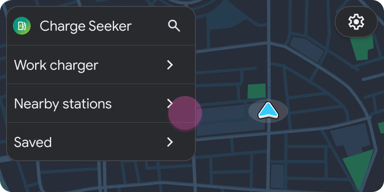 Modelo de lista incluído no modelo Mapa + conteúdo com carregador
          de trabalho, estações próximas e submenus salvos