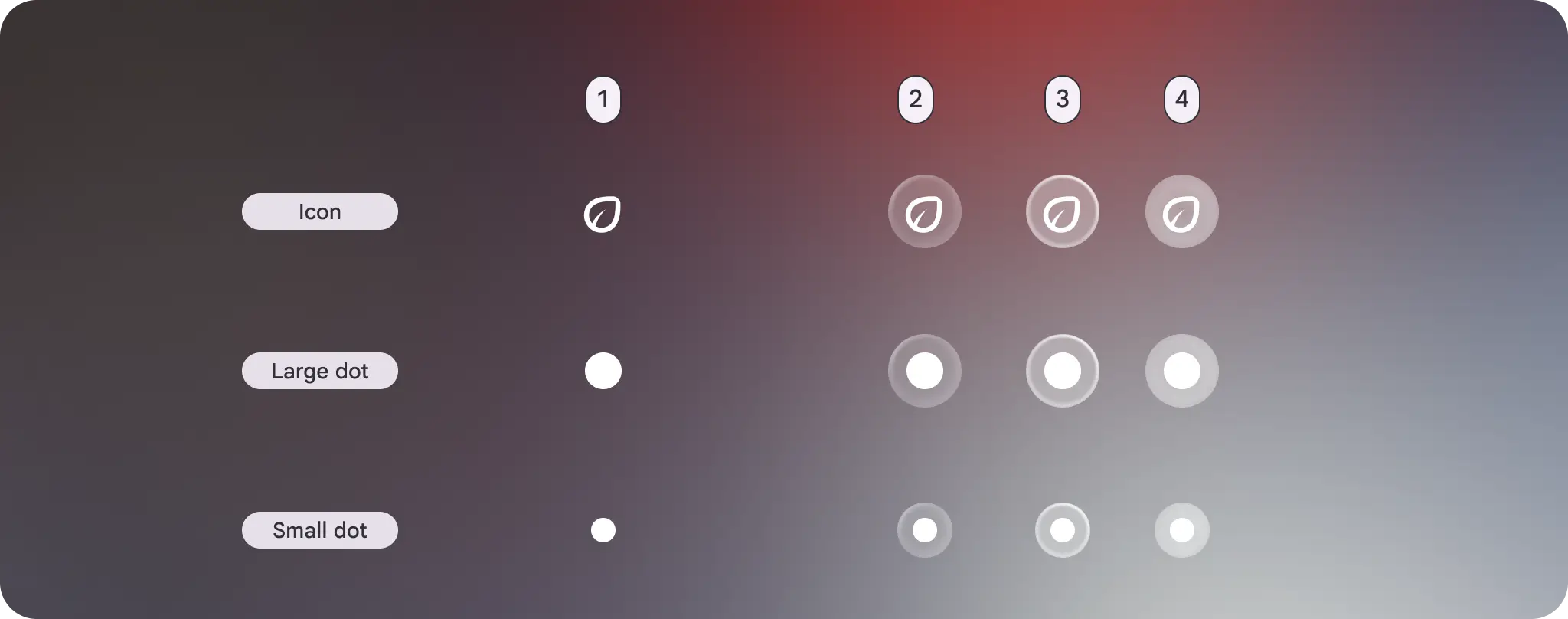 아이콘 마커에는 포커스, 눌림, 사용 설정과 함께 대화형 및 비대화형 상태가 있습니다.