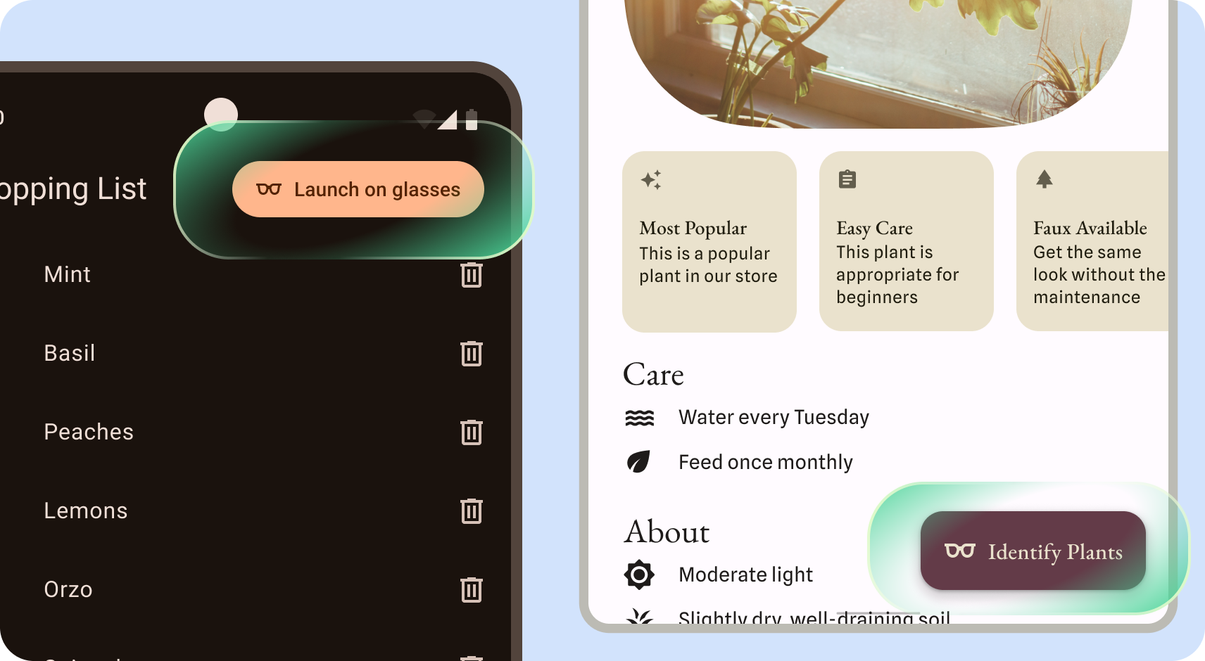 App mobile con pulsanti che aprono app per occhiali.