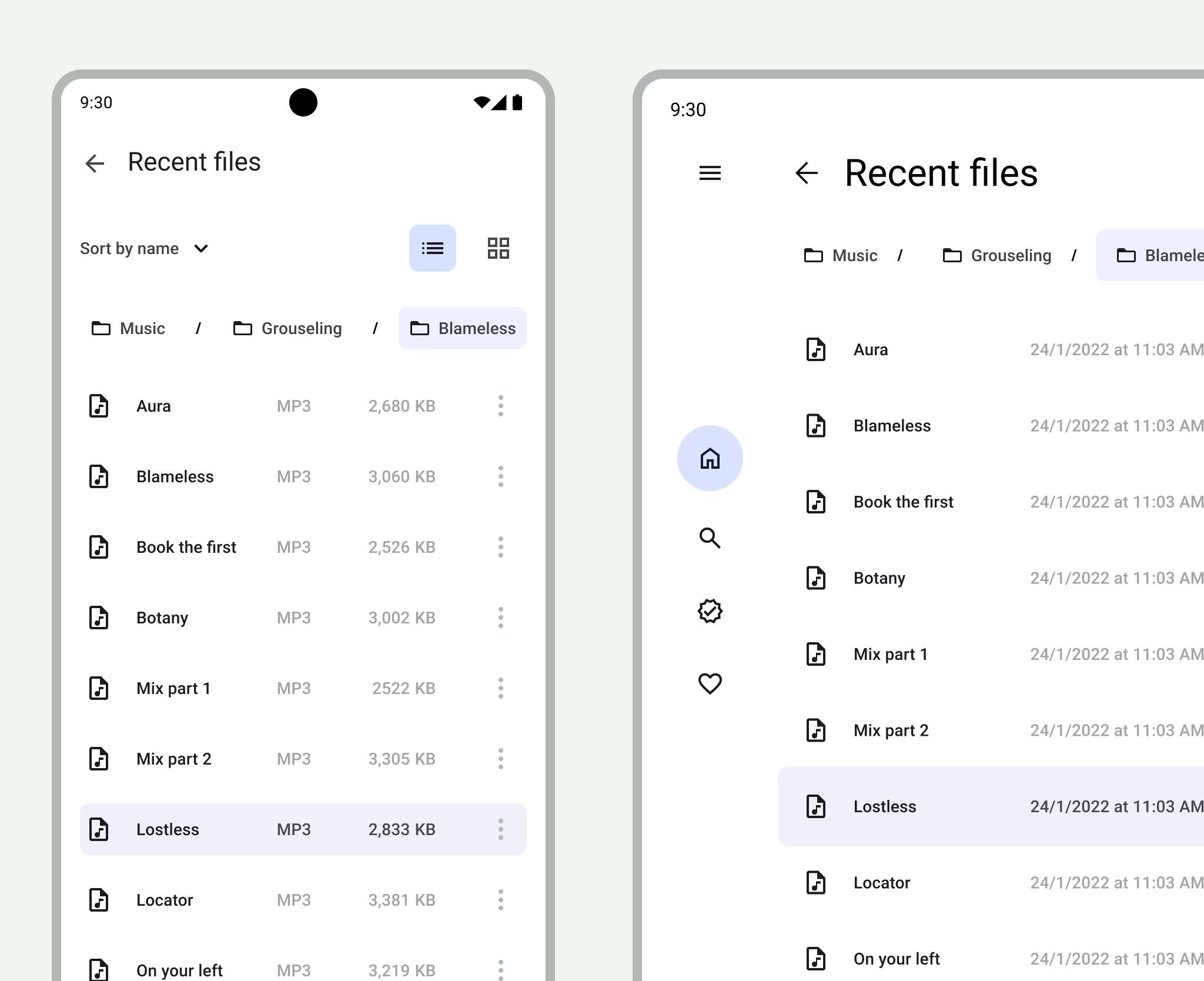 Pantalla de la app de productividad en tamaños de dispositivos móviles y tablets.