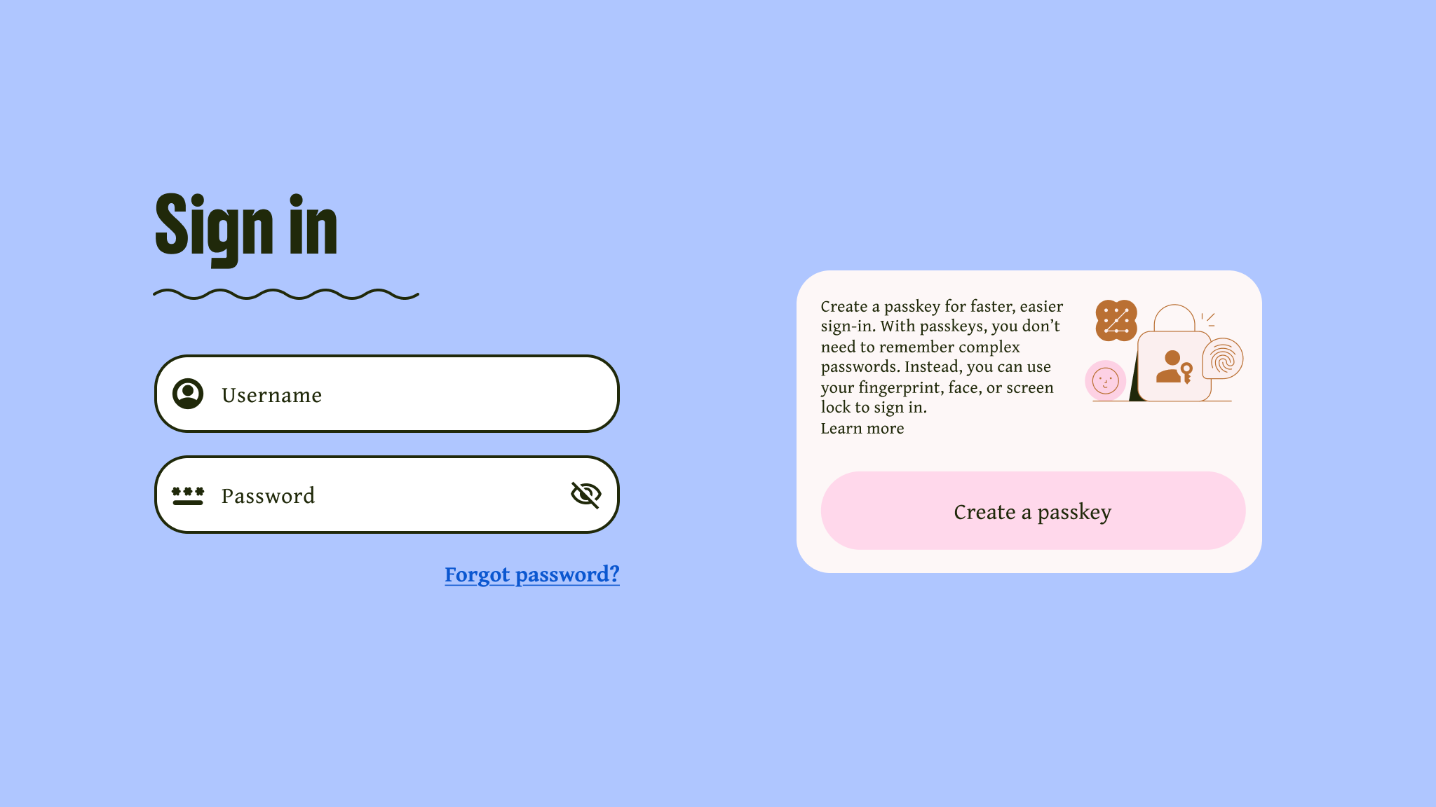 Opzioni di accesso come email e passkey.