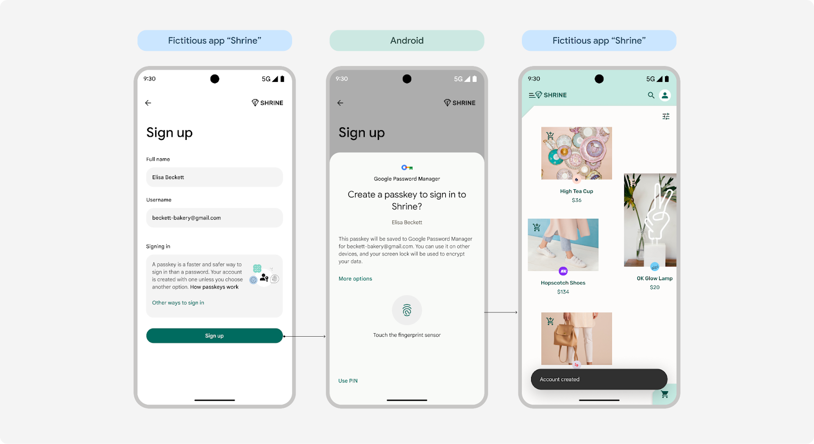 Trois captures d&#39;écran montrant la création d&#39;une clé d&#39;accès en un seul geste sur Android 15 Le premier écran affiche un formulaire d&#39;inscription. Le deuxième écran vous propose de créer une clé d&#39;accès
en un seul geste. Le troisième écran confirme la création du compte.