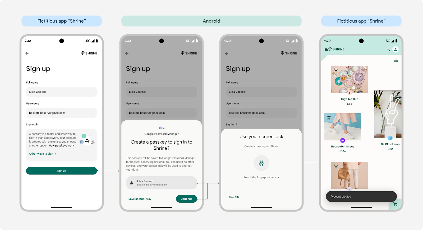 Android 14 और उससे पहले के वर्शन पर, एक टैप से पासकी बनाने का तरीका बताने वाले चार स्क्रीनशॉट. पहली स्क्रीन पर, साइन अप फ़ॉर्म दिखेगा. दूसरी स्क्रीन पर, पासकी बनाने का विकल्प दिया गया है. तीसरी स्क्रीन पर, उपयोगकर्ता को फ़िंगरप्रिंट की मदद से स्क्रीन लॉक की पुष्टि करने के लिए कहा जाता है. चौथी स्क्रीन पर, खाते के बन जाने की पुष्टि की जाती है.
