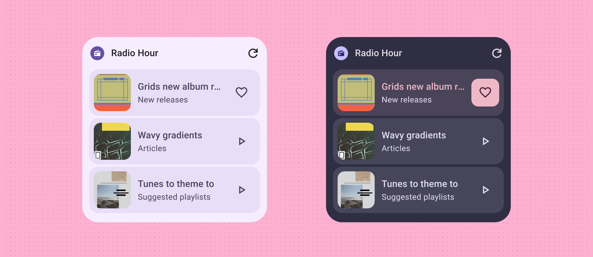 Widget con tokens de color destacados.