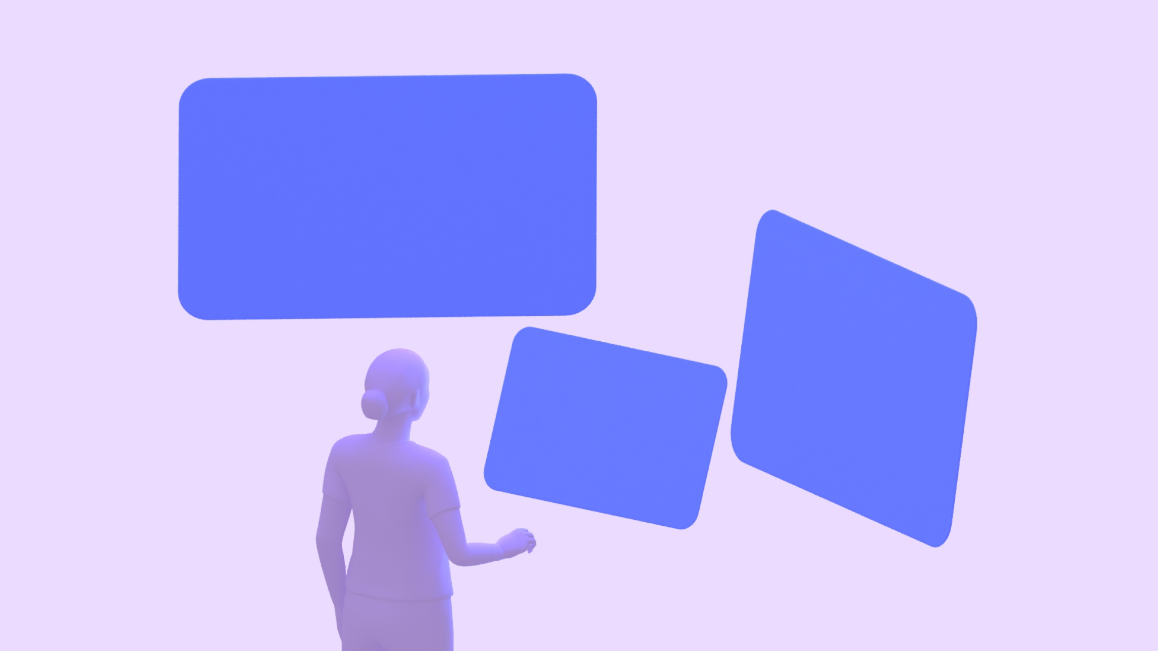 임의의 위치에 있는 크기가 다른 평면 패널 3개를 바라보는 사람. 외부 왼쪽 및 오른쪽 패널이 더 멀리 있음