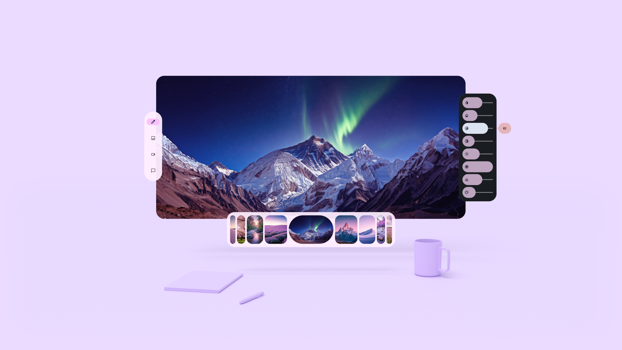 Eine Android XR-App mit Polarlichtern und einem schneebedeckten Berg. In Orbitern gibt es drei Menüs für die Nutzersteuerung. Sie sind über dem Hauptbereich platziert, einer links, einer rechts und einer unten.