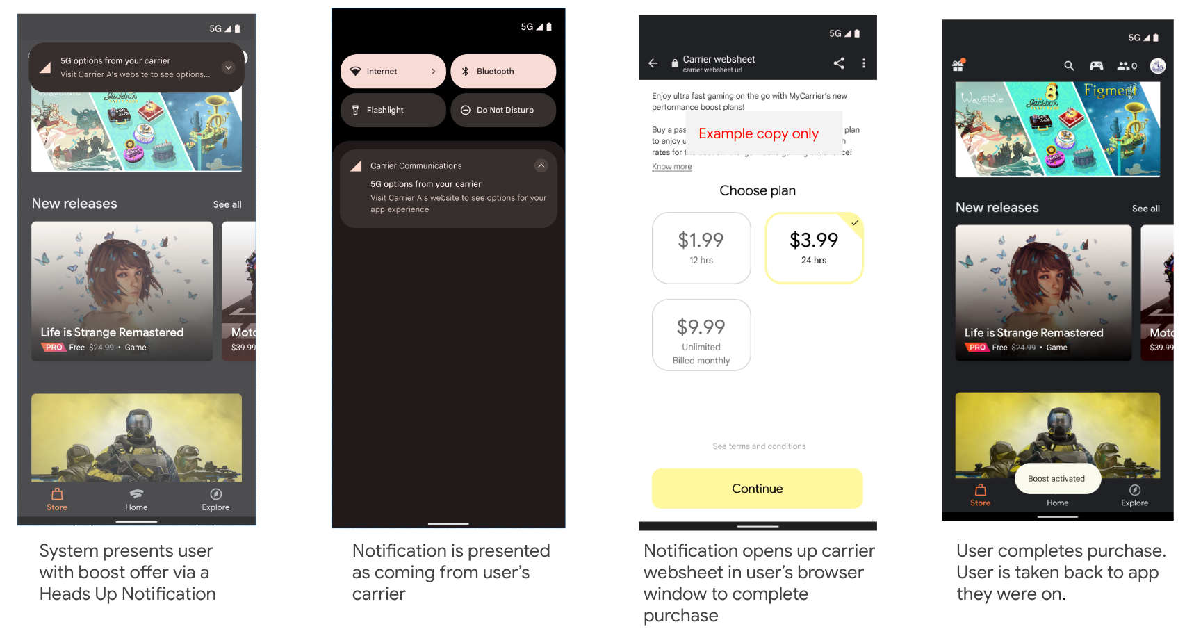 ขั้นตอน UX จะแสดงการแจ้งเตือนที่เปิดเว็บชีตของผู้ให้บริการซึ่งผู้ใช้จะทำการซื้อให้เสร็จสมบูรณ์ได้