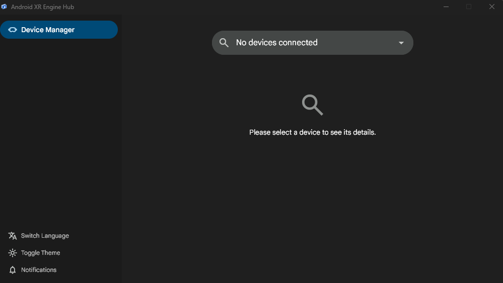 La pantalla Device Manager en el centro de Android XR Engine