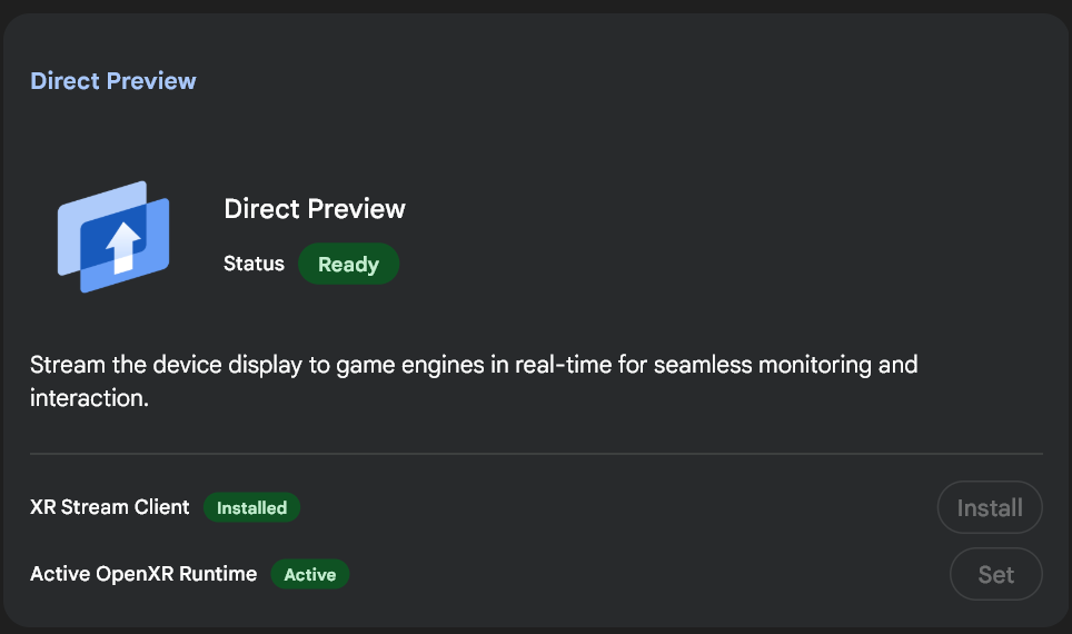Habilita la vista previa directa en el centro de Android XR Engine