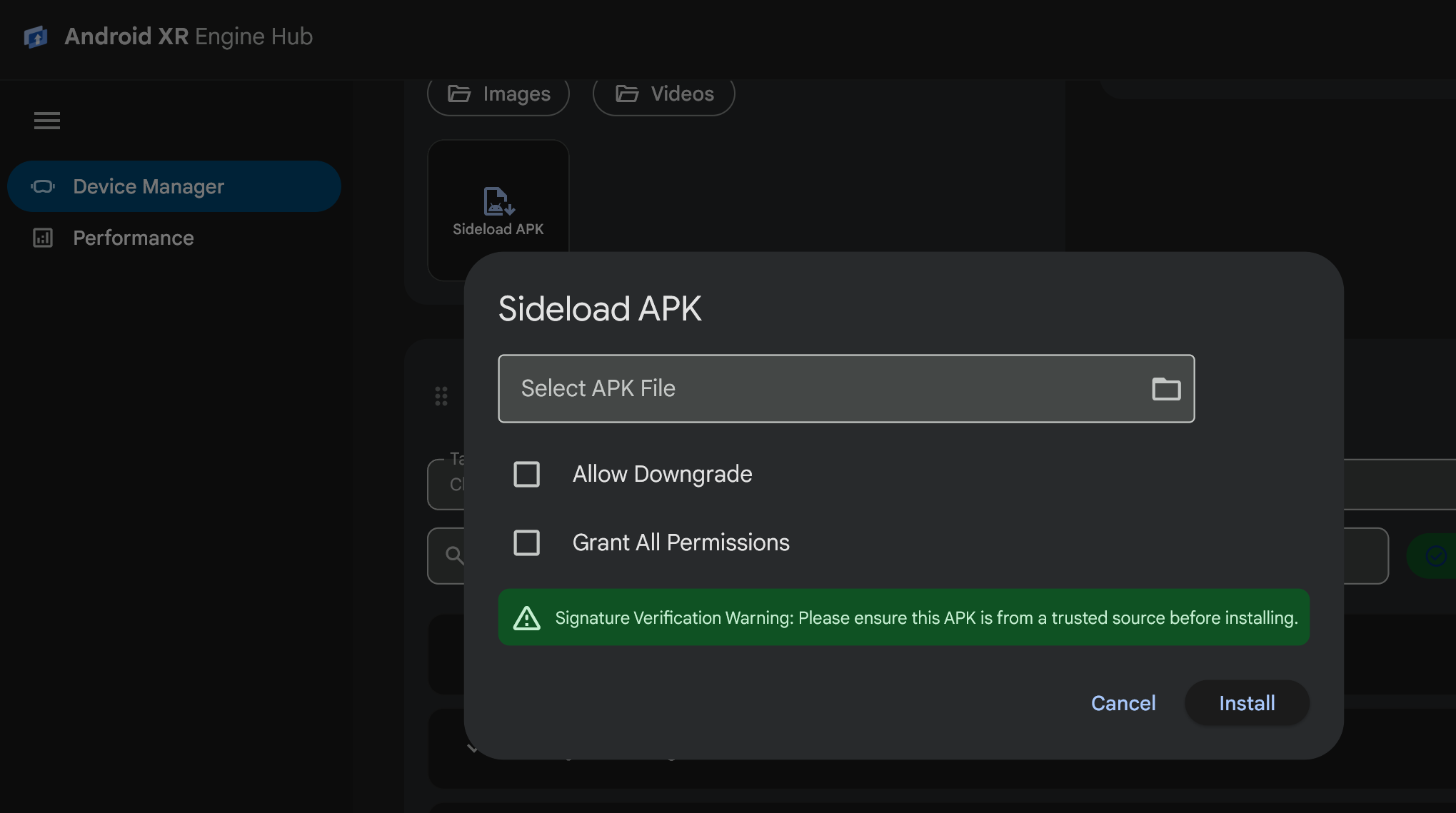 תיבת הדו-שיח "טעינת APK" ב-Android XR Engine Hub