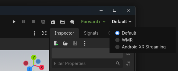 Selecciona el tiempo de ejecución de transmisión de Android XR para habilitar la vista previa directa.
