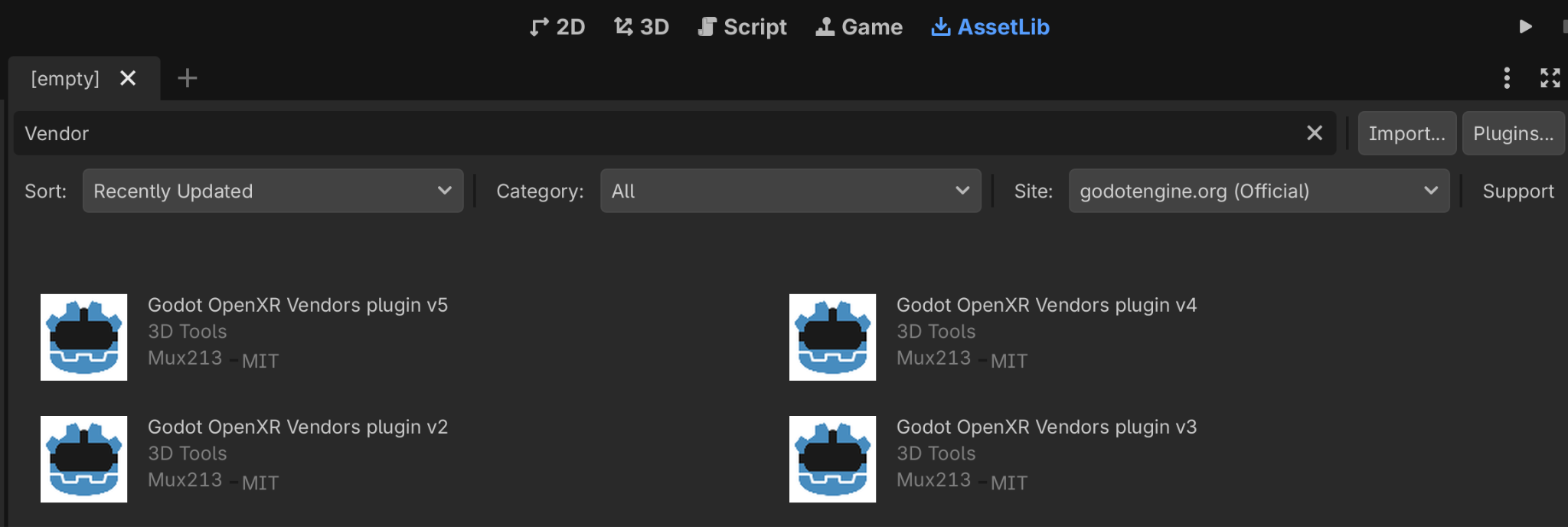Find different versions of the Godot OpenXR Vendors plugin by searching the Godot Asset Library