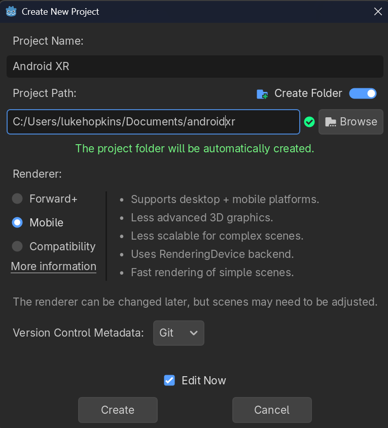 Create New Project dialog in Godot Engine.