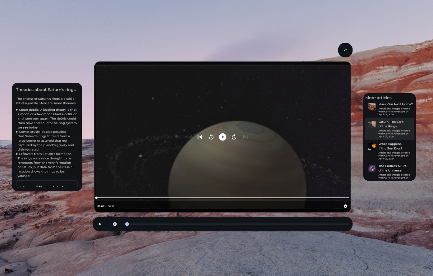 การควบคุมสื่อแบบ 3 มิติ (ปรับให้เหมาะกับ XR) ภายใน Orbiter และเนื้อหาที่แบ่งออกเป็นแผง 3 มิติหลายแผง