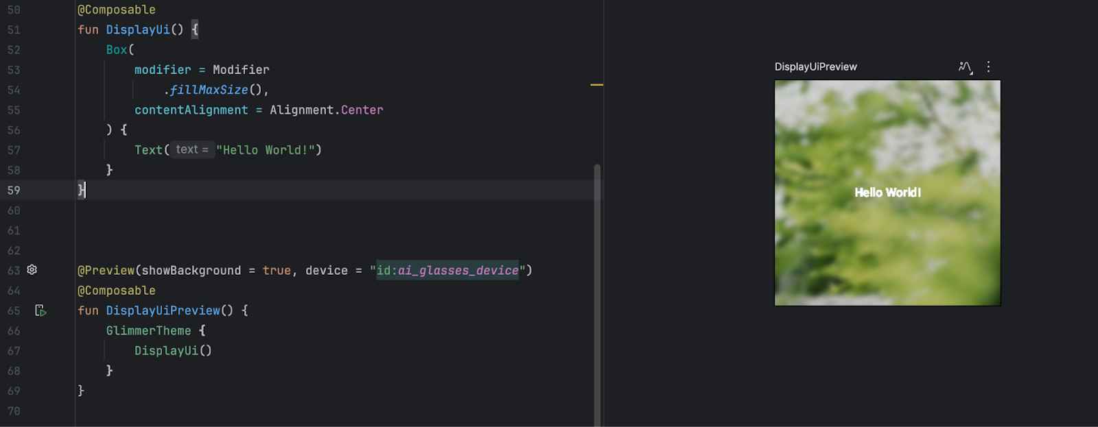 La vista previa del elemento componible se muestra en la vista dividida para un dispositivo simulado de AI Glasses.
