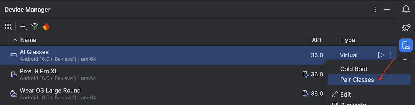 The Pair Glasses option in the Device Manager launches the Pairing
Assistant.