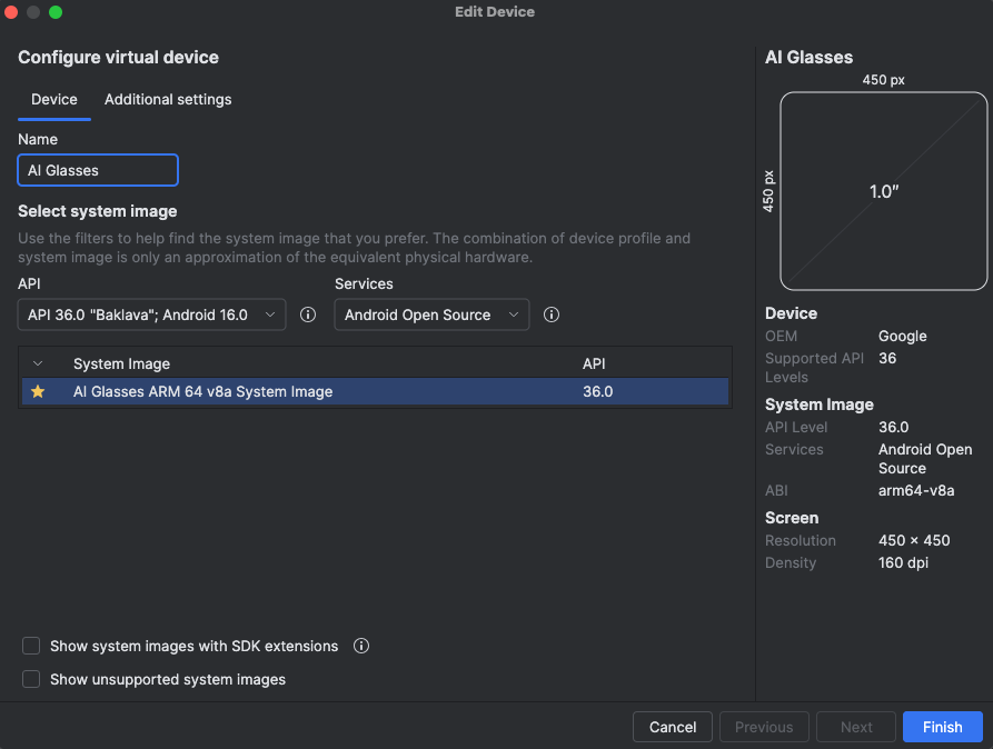 Android Studio "Sanal cihazı yapılandır" penceresi.