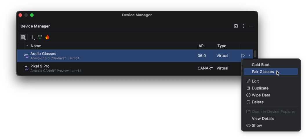 The Pair Glasses option in the Device Manager launches the Pairing Assistant.