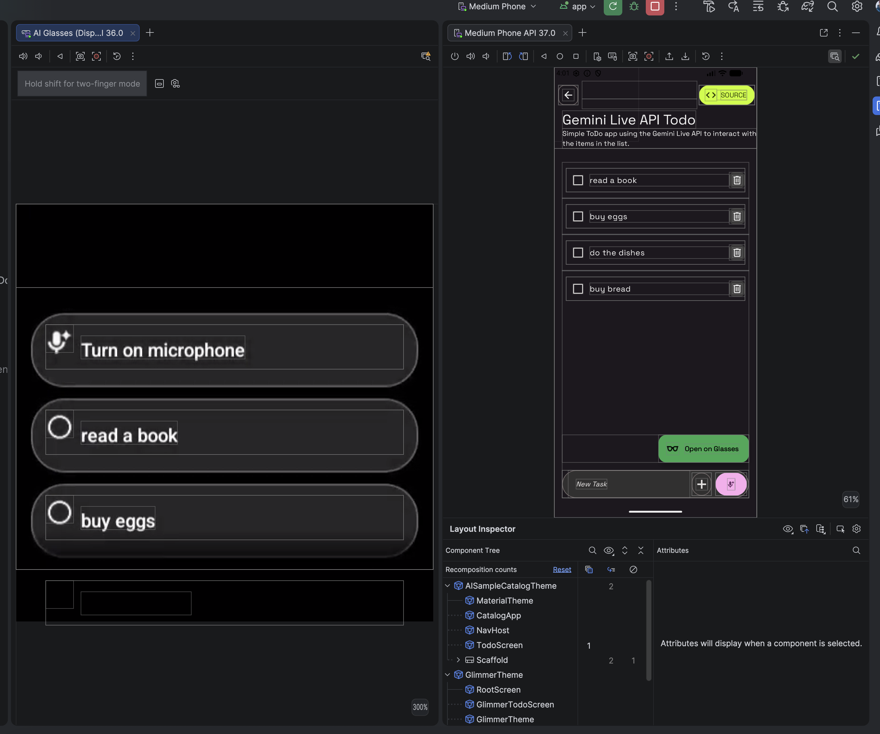 Layout Inspector view showing the display glasses UI in the Layout
Display.