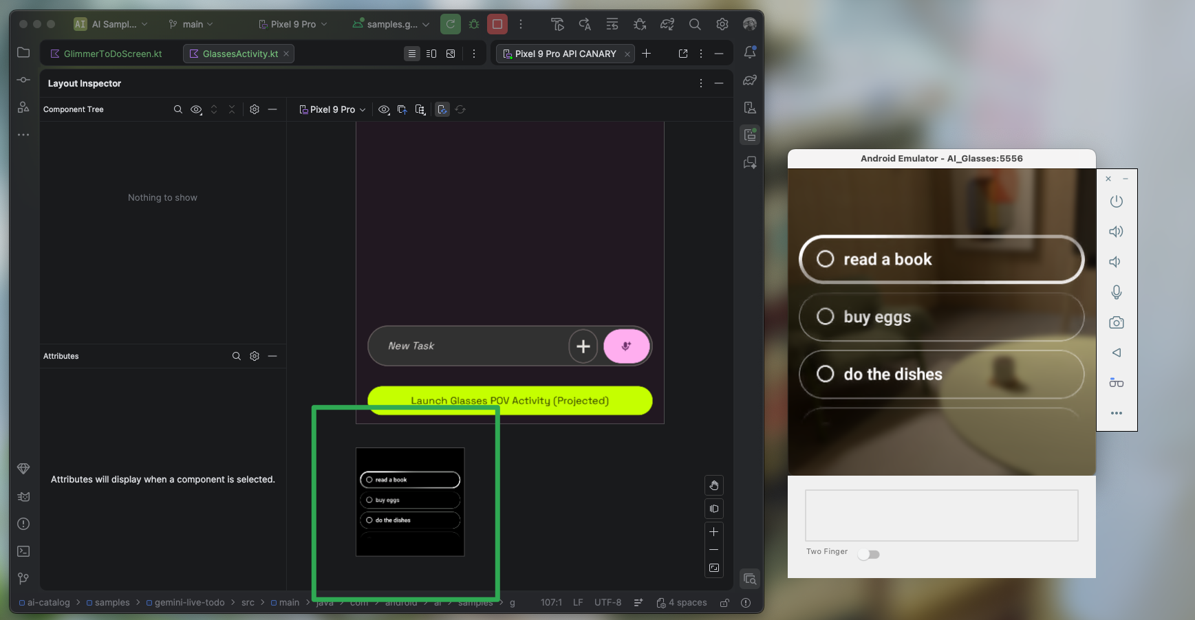 Khung hiển thị Layout Inspector cho thấy giao diện người dùng của kính AI trong Layout Display.