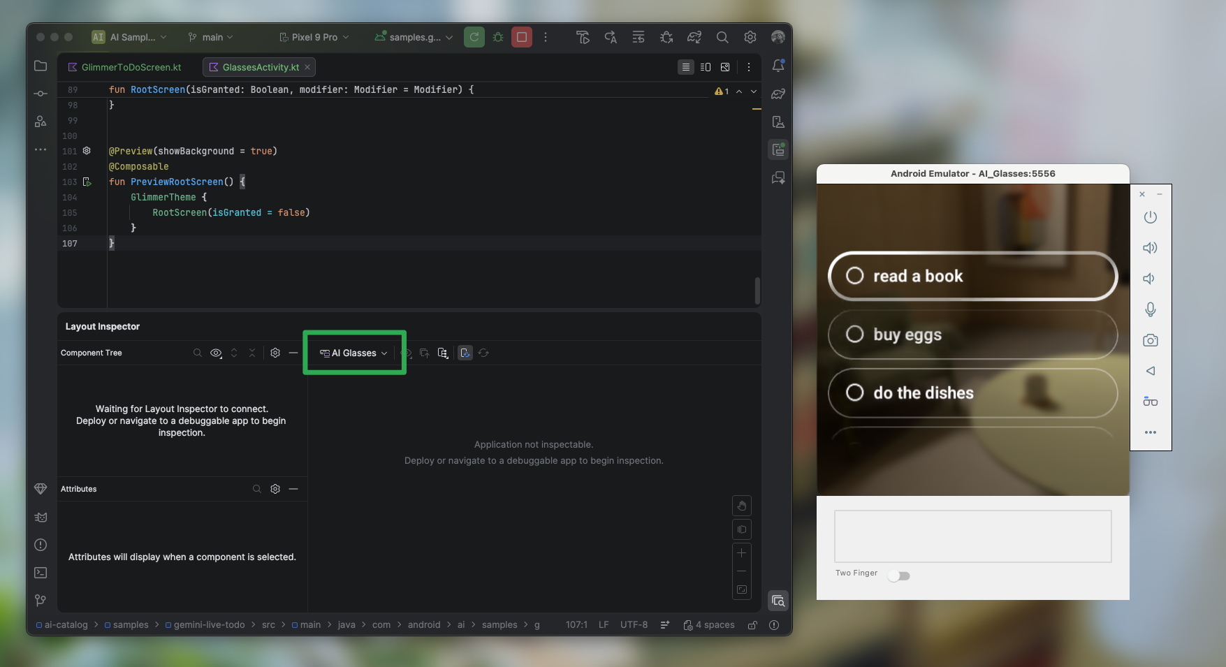 Vue de l'outil d'inspection de la mise en page avec le menu déroulant "Appareils en cours d'exécution" mis en surbrillance.