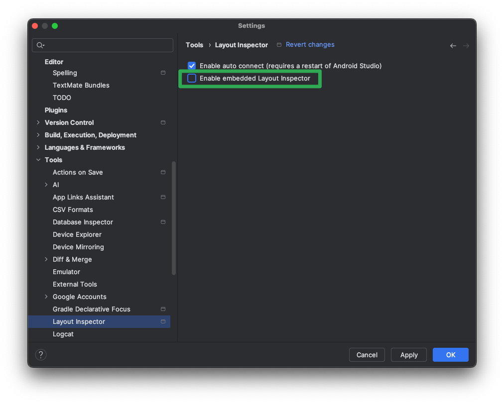 Layout Inspector ツールの Android Studio 設定ページ。